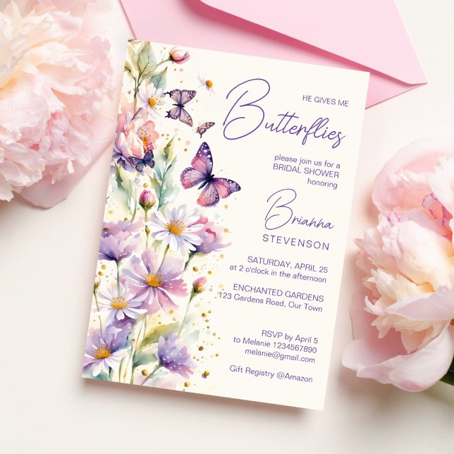 Convite Ele me dá borboletas chá de panela encantadas (He gives me butterflies enchanted garden purple lavender flowers bridal shower invitation template)