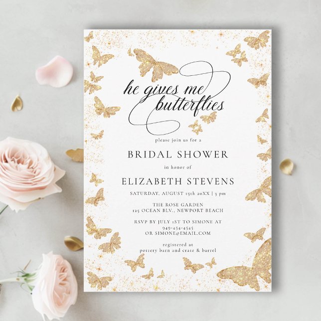 Convite Ele Me Dá Borboletas Chá de panela Romântico (he gives her butterflies bridal shower theme invite gold romantic calligraphy elegant boho chic)