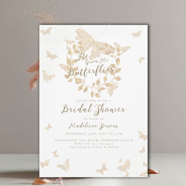 Convite Ele Me Dá Borboletas Douradas Chá de panela De Fer (he gives me butterflies gold eucalyptus garden bridal shower invitation romantic elegant boho chic)