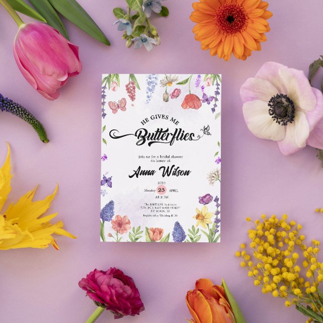 Convite Ele Me Dá Borboletas no Estômago Chá de Bebê da Wi (butterfly bridal shower invitations wildflowers he gives me butterflies elegant modern minimalist )