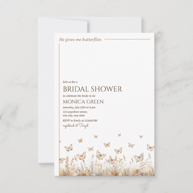 Convite Ele me dá borboletas no estômago Chuveiro de Noiva (Frente)