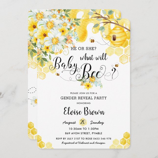 Convite Ele ou Ela Abelhas Festa Amarelo de Sexo Floral (Frente/Verso)
