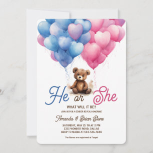 Convite Ele ou Ela Balões Rosa e Azul Urso Revelação de Gê