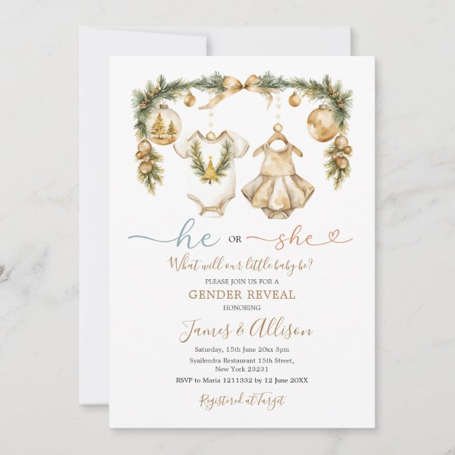 Convite Ele ou Ela Bebê Clothe Dourada Revelação de Sexo d (Frente)