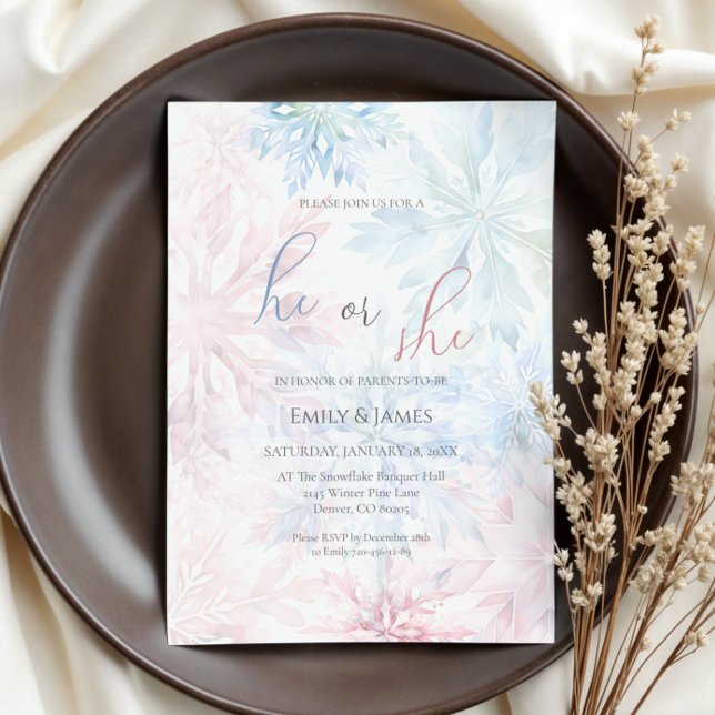 Convite Ele ou Ela Inverno Floco de Neve Azul Rosa Floco d (Criador carregado)