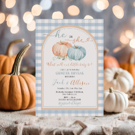 Convite Ele ou Ela Pumpkin Blue Gingham Arch Gender Revend
