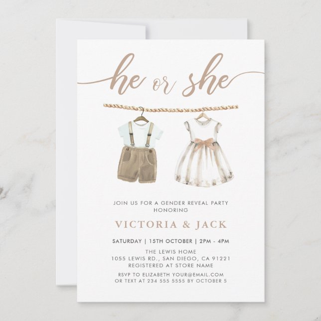 Convite Ele ou ela revela sexo neutro de roupas de bebês (Frente)