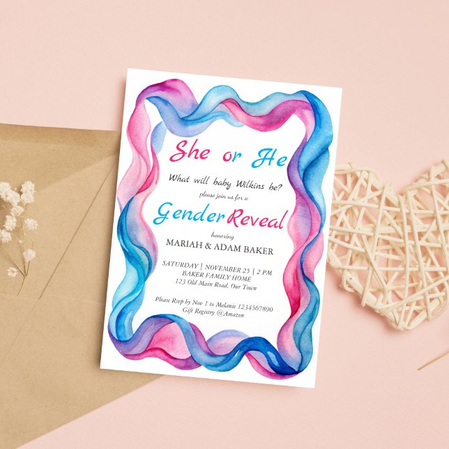 Convite Ele ou ela, rosa e azul, o gênero de fita azul (He or she pink and blue wavy ribbon gender reveal invitation template instant download boy or girl)