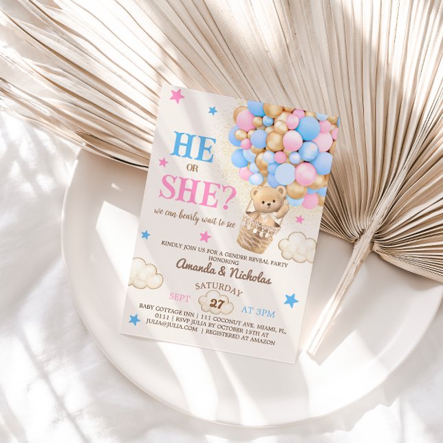 Convite Ele ou Ela Teddy Bear Hot Air Balloon (Criador carregado)