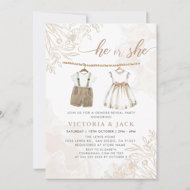 Convite Ele ou Ela Vestidos De Bebê De Flor Selvagem Revel (Frente)