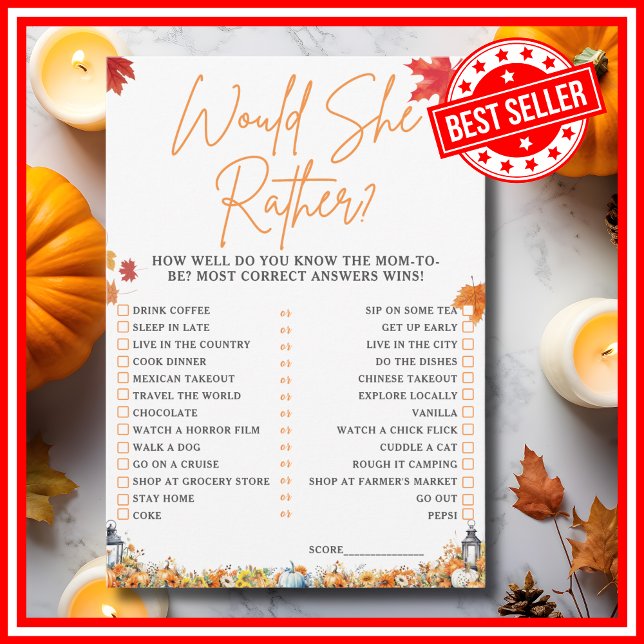 Convite ELE VAI PREFERIR Jogo para Chá de Bebê PEqueno ABÓ (WOULD SHE RATHER Easy Baby Shower Game A Little Pumpkin is on the Way Fall Autumn Theme)