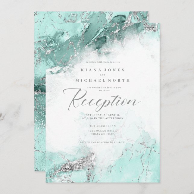 Convite Eleanor Rogers Marble Glitter Reception Teal ID644 (Frente/Verso)