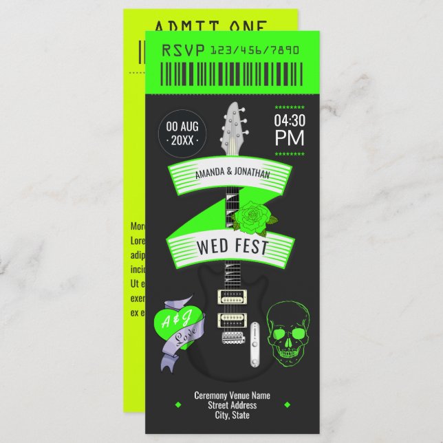 Convite Electric Lime Rock ’n’ Roll Wedding Ticket (Frente/Verso)