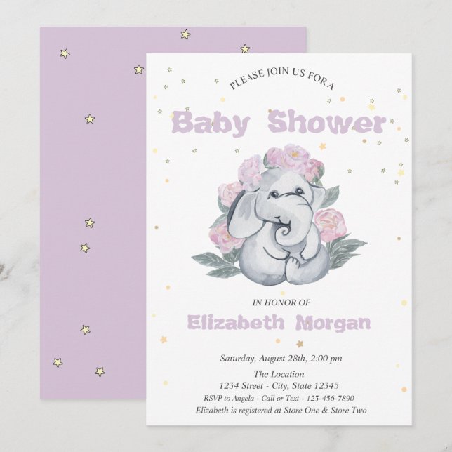 Convite Elefante Adorável, Estrelas Flores Chá de Bebê (Frente/Verso)