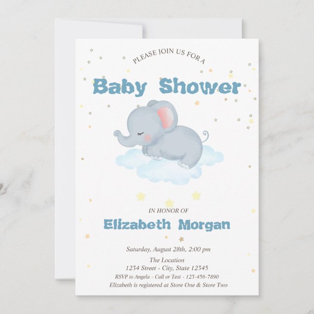 Convite Elefante Adorável, Nuvens, Estrelas Chá de Bebê (Frente)