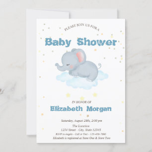 Convite Elefante Adorável, Nuvens, Estrelas Chá de Bebê