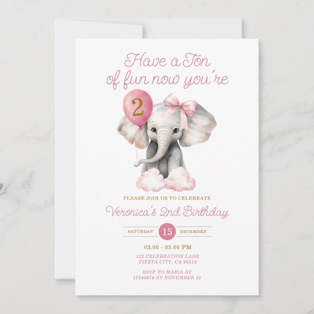 Convite Elefante Agora Seu segundo aniversário Balão Arco (Frente)