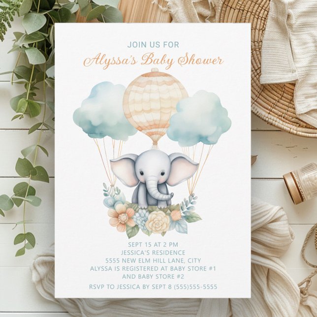 Convite Elefante Ar Quente Balão Azul Pêssego (Baby elephant and balloons baby boy shower invitation)