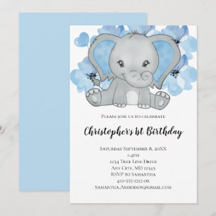 Convite Elefante Azul Bebê Menino Flores Balões Aniversári