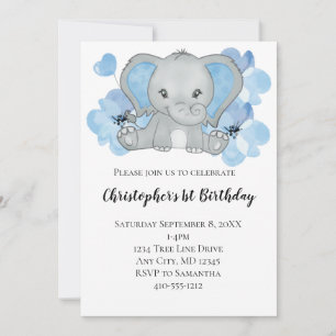 Convite Elefante Azul Bebê Menino Flores Balões Aniversári
