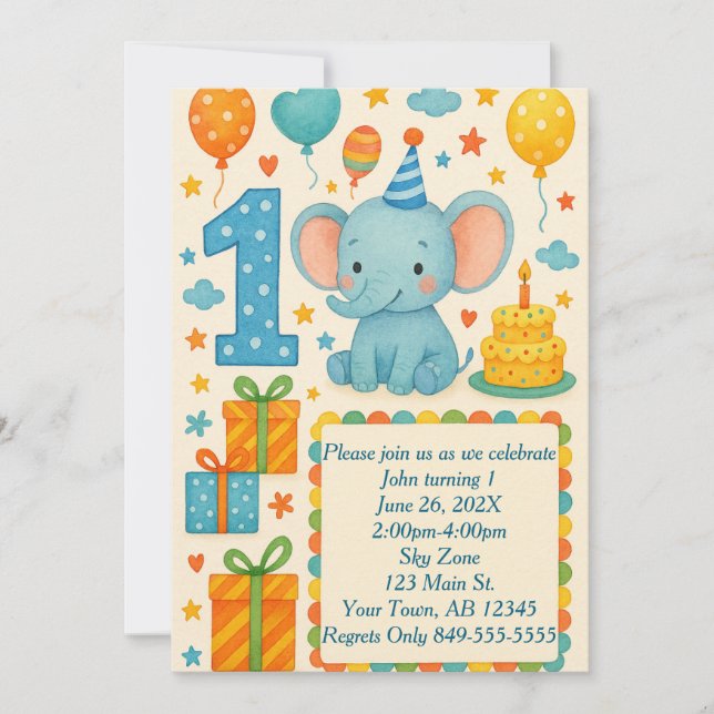 Convite Elefante, Balões, Bolo e Presentes do primeiro ani (Frente)