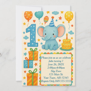 Convite Elefante, Balões, Bolo e Presentes do primeiro ani
