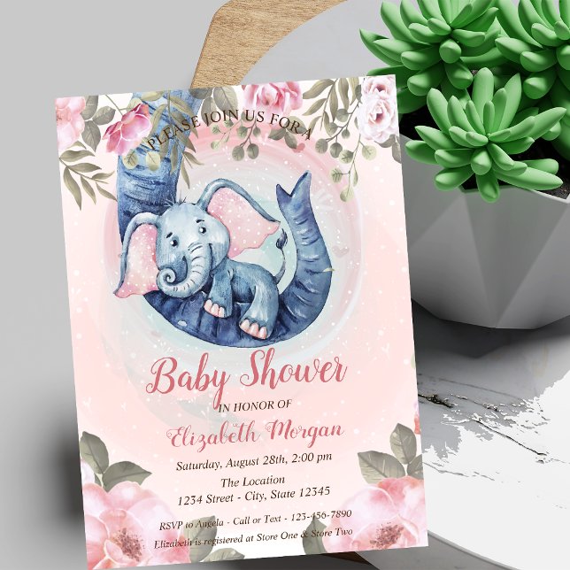 Convite Elefante Bebê Adorável Pontos Florais Chá de Bebê (Criador carregado)