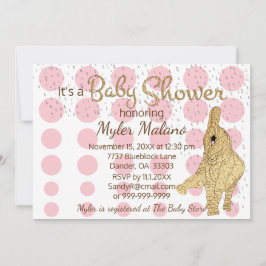 Convite Elefante-bebê branco-rosa Dourado chá de fraldas
