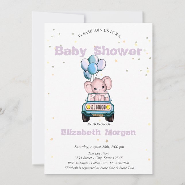 Convite Elefante Bebê, Carro, Estrelas Chá de Bebê  (Frente)