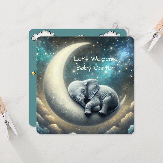 Convite Elefante Bebê Dormindo Na Lua Crescente (Frente/Verso In Situ)