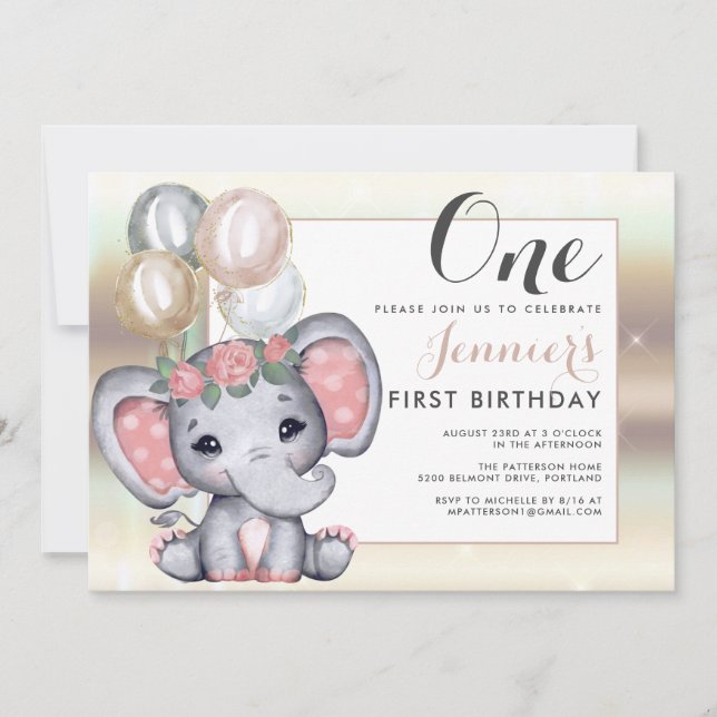 Convite Elefante Bebê Floral Fofo Com Balões (Frente)