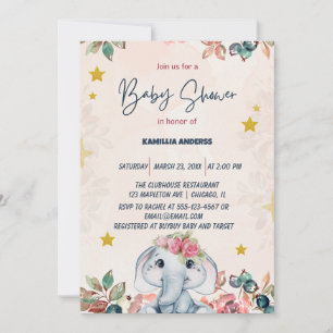 Convite Elefante bebê floral rosa  