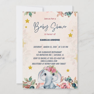 Convite Elefante bebê floral rosa