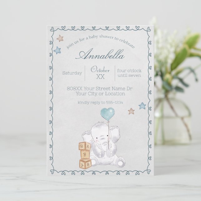 Convite Elefante Bebê Fofo e Balão Aquarela (Em pé/Frente)