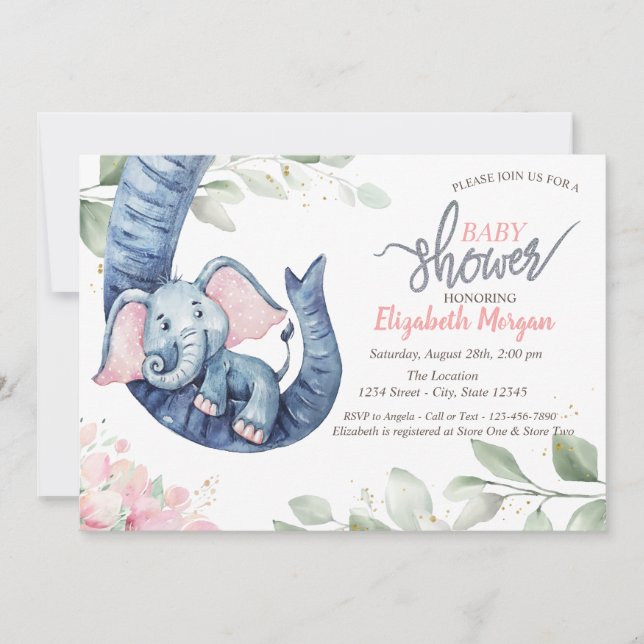 Convite Elefante Bebê Menina Deixa Chuveiro de Bebê Floral (Frente)