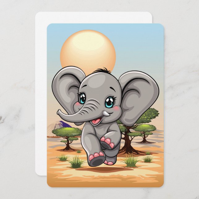 Convite Elefante Bebê Pulando Feliz em Savana Africana (Frente/Verso)
