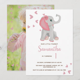 Convite Elefante Bebê Rosa Bege Água-forte Aniversário de 