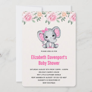 Convite Elefante-bebê rosa e Chá de fraldas-borda-Rosa