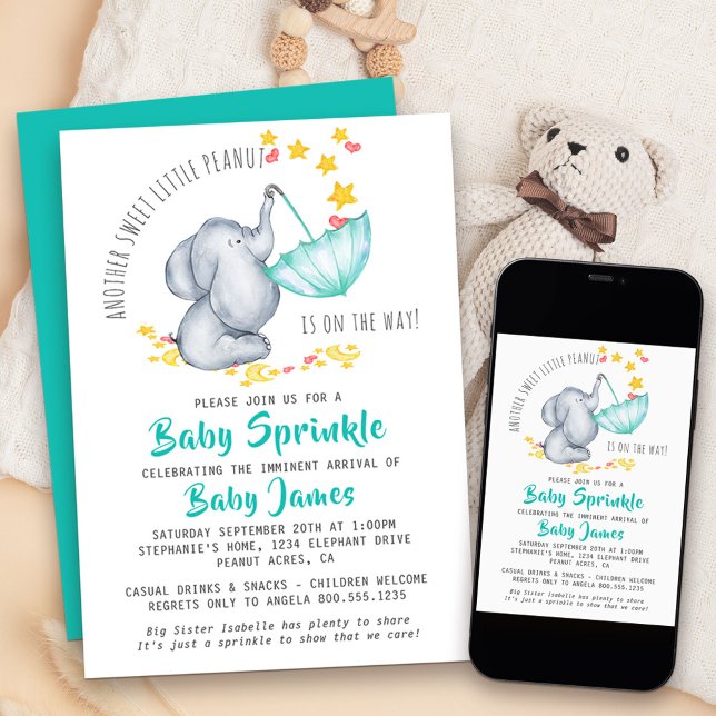 Convite Elefante Bebê Sprinkle Outro Pequeno Amendoim Doce (Baby Elephant Baby Sprinkle invitation for another sweet little peanut!)