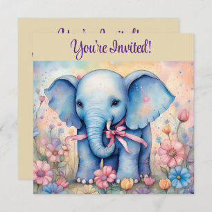 Convite Elefante Bonito de Bebê em Jardim Pastel
