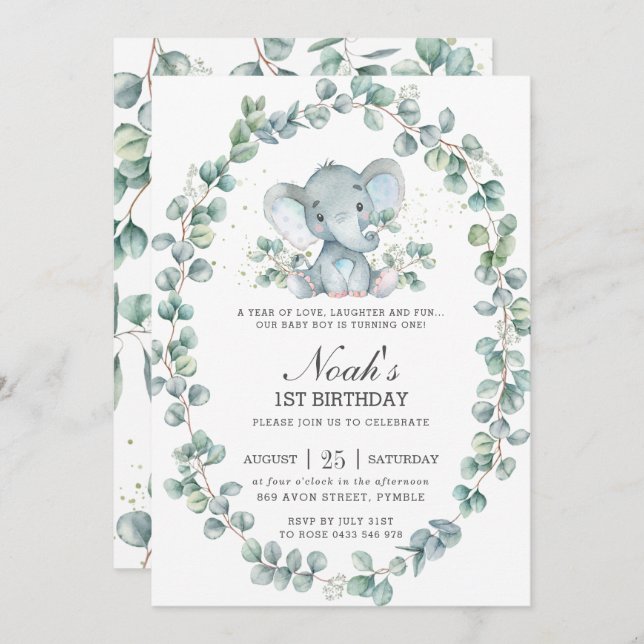 Convite Elefante Bonito Eucalyptus Greenere Birthday Boy (Frente/Verso)
