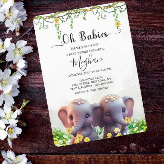 Convite Elefante Bonito Gêmeos Chá de fraldas Verde Floral (Criador carregado)