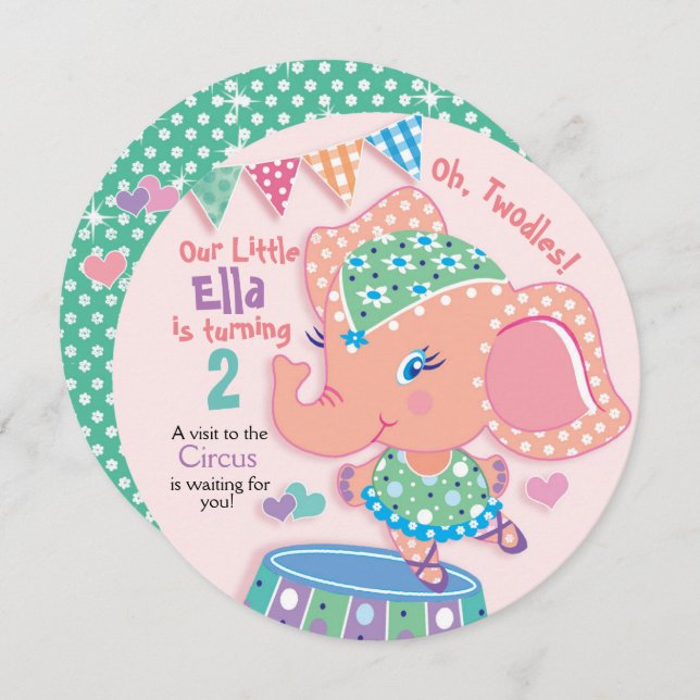 Convite Elefante Bonito, segundo aniversário, Partido Circ (Frente/Verso)