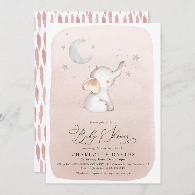 Convite Elefante Bonito Stars Moon Blush Girl Chá de frald (Frente/Verso)