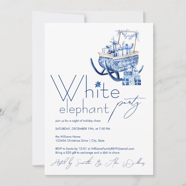 Convite Elefante Branco de Natal Azul Minimalista (Frente)