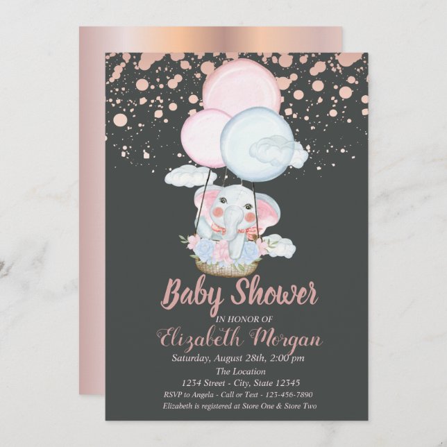 Convite Elefante Cento,Balão de Ar,Chá de fraldas Dourado (Frente/Verso)