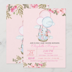 Convite Elefante Cento, Chá de fraldas Floral de Balão d