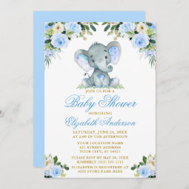 Convite Elefante chá de fraldas Aquarela Azul Floral Doura