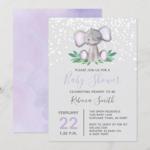 Convite Elefante Chá de fraldas Purple Watercolor