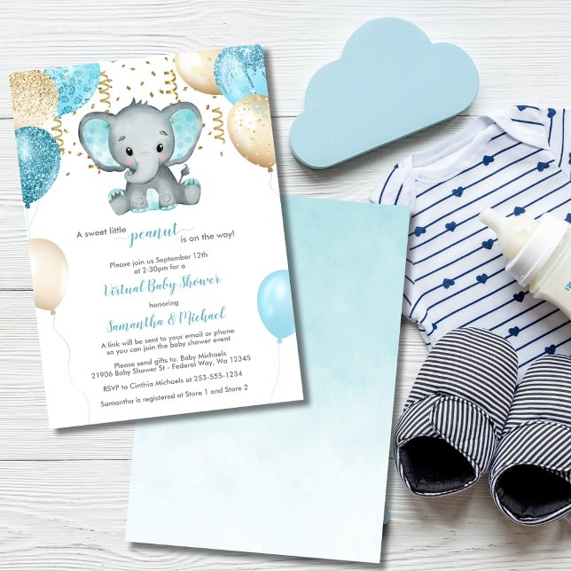 Convite Elefante Cinto Turquiose Dourado Chá de fraldas de (Cute Elephant Turquiose Gold Balloons Baby Shower Invitation)